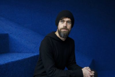 Twitter founder Jack Dorsey, looking thin and pale, wearing stark black clothing and a full beard