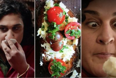 Samin Nosrat reacting with enthusiasm to food; also one of the dishes prepared in the course of Salt, Fat, Acid, Heat